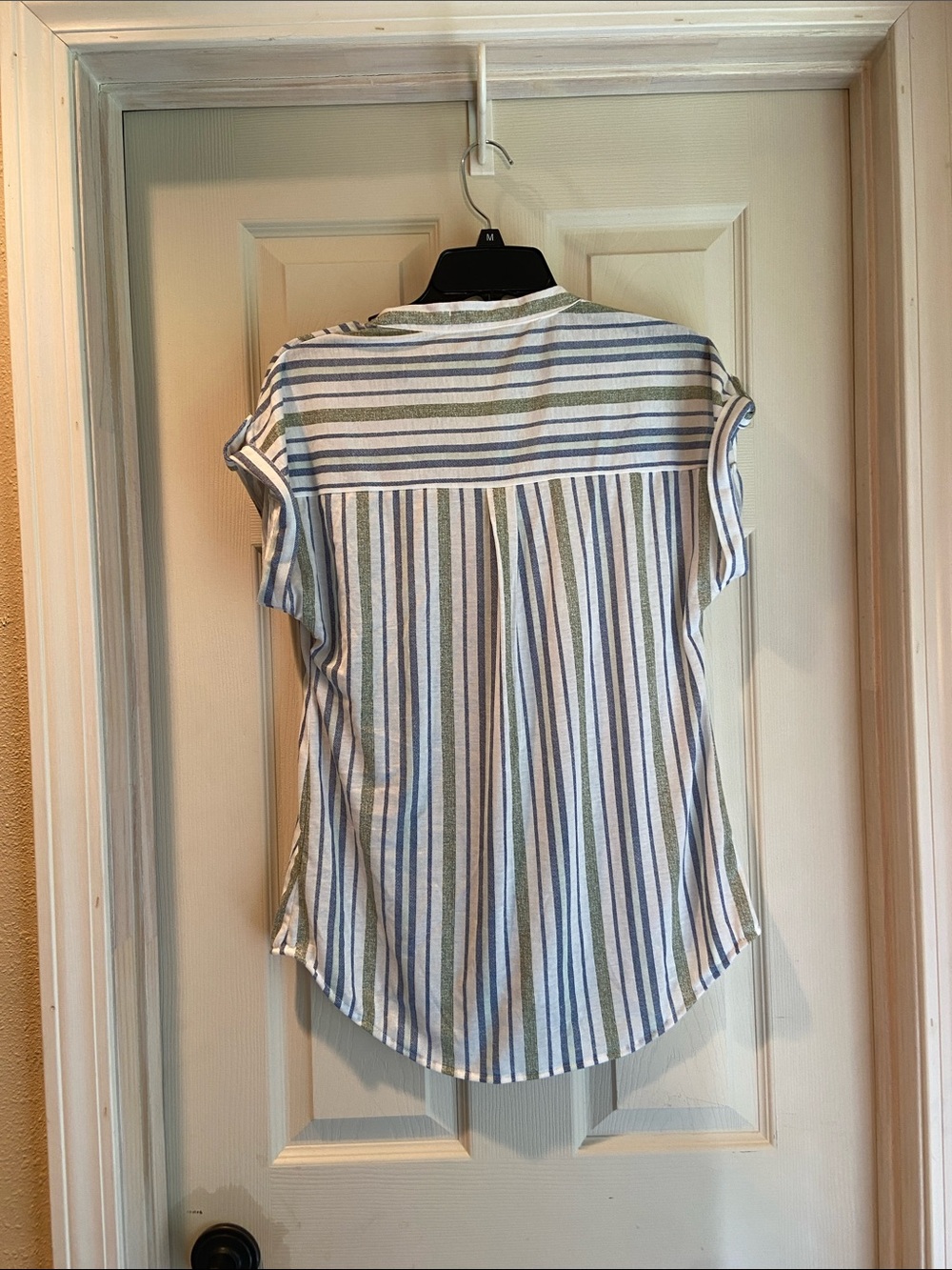 Striped Short-Sleeve Button Front Blouse in Light Blue & Olive - Picture 6 of 10
